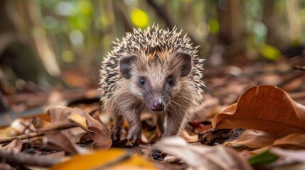A Madagascar Hedgehog Tenrec can be seen walking through a forest floor covered with fallen leaves. The spiky creature moves amongst the foliage, blending in with the earthy tones of the environment.