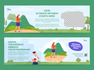 Travel hiking activity adventure advertising banner with copy space design template set vector