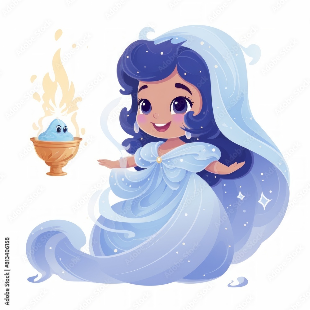 Aufkleber Generative AI A cute miniature genie with a flowing veil and a tiny magical lamp.
