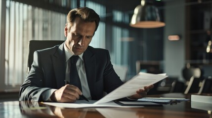 Obraz premium A man in a professional suit is sitting at a desk surrounded by papers and documents. He appears focused and engaged in work, possibly in an office setting.