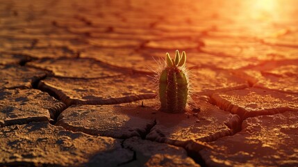 A solitary cactus stands resilient in the cracked desert, its shadow growing long under the intense heat of the setting sun