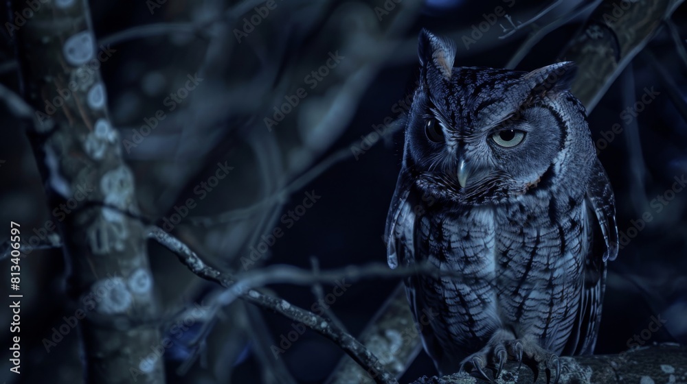 Poster an eastern screech owl is perched on a tree branch, displaying its distinctive ear tufts and sharp b