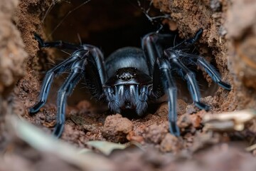 A close-up view of a Sydney Funnel web spider, a large black spider, sitting inside a hole. The spider is stationary and appears to be waiting or resting inside the dark crevice.
