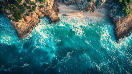 Aerial view of the ocean rocky shore