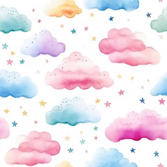 Seamless pattern, with clouds and a rainbow of pastel tones on a white background, watercolor drawing. The sky is in pastel colors. A magical landscape, an abstract fairy-tale pattern. Cute wallpaper.