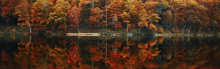 A beautiful autumn scene with a lake and trees. The water is reflecting the trees and the sky