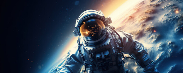 Astronaut in Space Suit Standing in Front of Planet