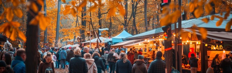 A group of diverse individuals walking together through a dense forest, surrounded by tall trees and greenery. They appear engaged in conversation, some carrying backpacks, while others are pointing i
