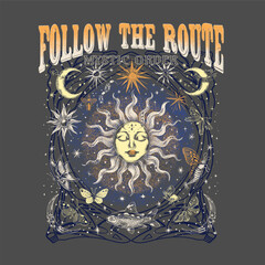 Follow the route.Retro 70's psychedelic hippie element illustration print with groovy slogan for man - woman graphic tee t shirt or sticker poster - Vector