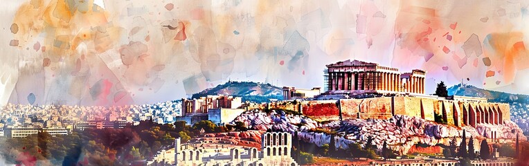 A painting depicting acrobats showcasing their skills at the historic Acropolis in Athens. The acrobats are seen performing daring stunts and balancing acts against the backdrop of ancient ruins.