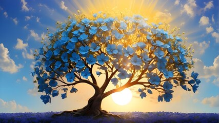 The sun and a colorfull-flowering tree