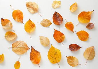 Autumn leaves laid out flat on white background.
