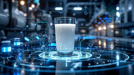 A glass of milk is displayed on a table with a blue futuristic background