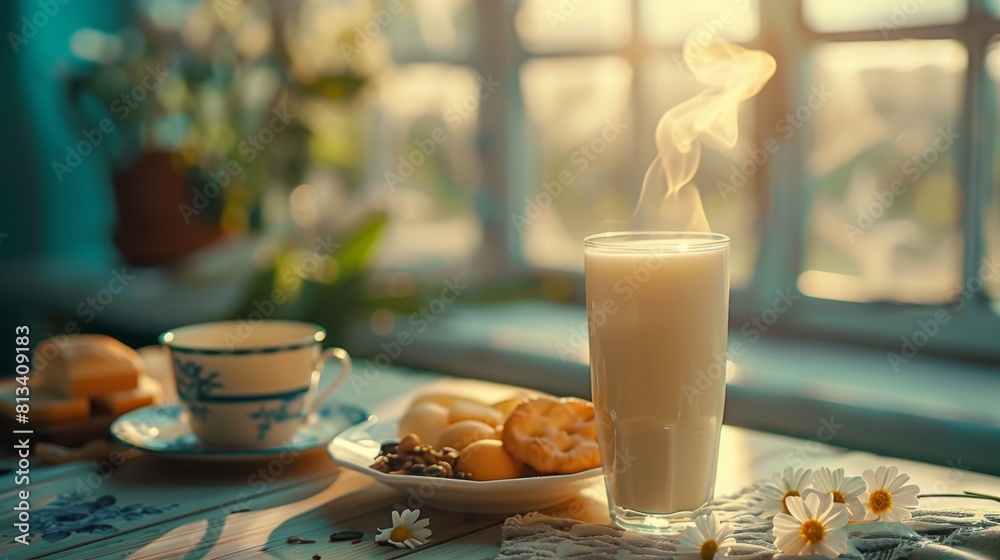 Wall mural A glass of milk is on a table with a plate of cookies and a cup of coffee