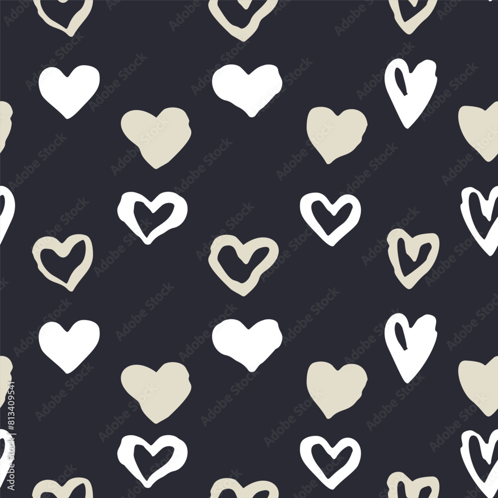 Sticker Monochrome dark blue and beige romantic seamless pattern with sketchy heart stripes. Vintage folk abstract background - Stickers