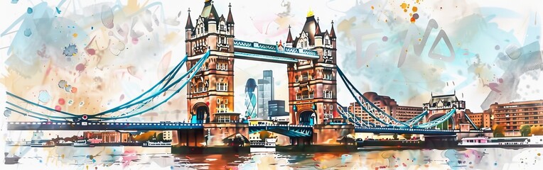 A watercolor painting depicting the iconic Tower Bridge in London, showcasing its intricate architectural details and the River Thames flowing underneath.