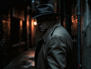 A mysterious figure in a fedora and sunglasses, walking through a foggy street at night, cigar glowing in the darkness. Ai generated