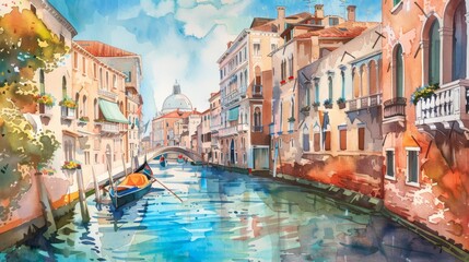 A realistic watercolor painting depicting a gondola gracefully gliding along a canal in Venice. The intricate detailing captures the unique architecture and atmosphere of the iconic Venetian cityscape - Powered by Adobe
