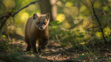 Obraz premium A small brown American Marten is seen walking through a dense forest, exploring its surroundings. The agile creature moves gracefully among the trees, blending in with its natural habitat.