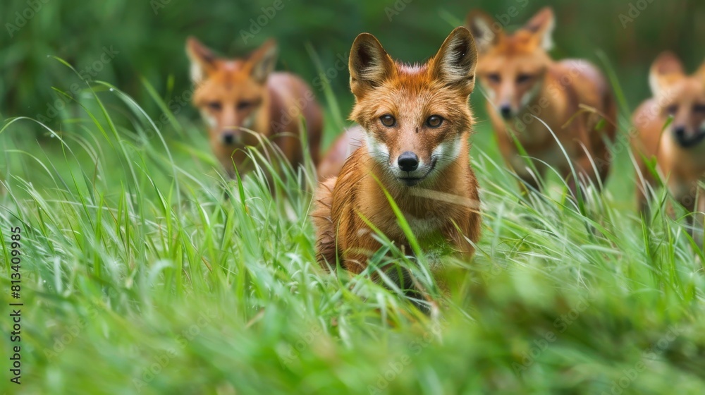 Poster a fox is standing in a field of grass with other foxes. the fox is looking at the camera