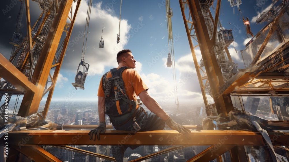 Poster Generative AI A detailed visualization capturing the intense focus of a crane operator handling intricate controls while suspended high above a construction site.