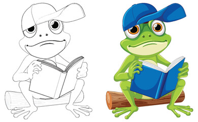 Colorful and black-and-white frog reading on log