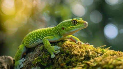 Fototapeta premium A green lizard is sitting on a mossy log. The lizard is small and has a bright green color