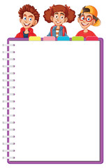 Three cheerful kids peeking over a blank notebook