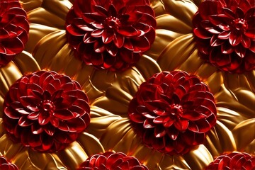 Red dahlia flowers set against a shimmering golden silk background background seamless pattern