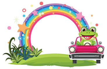 Obraz premium Cheerful frog in a pink car under a vibrant rainbow