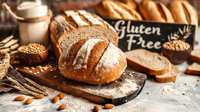 Sliced artisan gluten-free bread on a rustic wooden board surrounded by scattered flour and grains, with a gluten-free sign. - Powered by Adobe