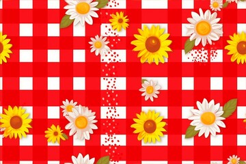 Red and white checkered pattern adorned with bright daisies and sunflowers background seamless pattern