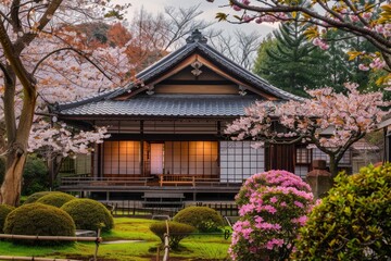 A traditional Japanese house sits nestled among lush trees and colorful flowers, blending harmoniously with its natural surroundings. The vibrant flora creates a peaceful and serene atmosphere around 