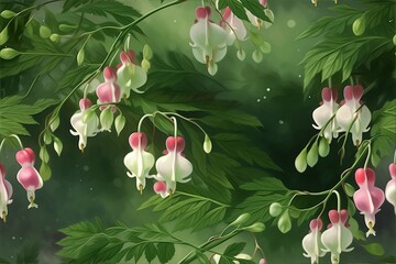 Heart flowers, suspended amidst verdant green foliage dappled with morning dew. background seamless pattern