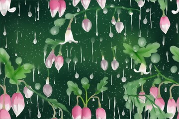 Heart flowers draped gracefully under the gentle rain. Contrasted with a lush green background with a seamless pattern.