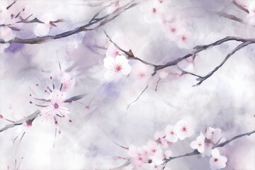 Cherry blossoms delicately dispersed along dark, twisting branches background seamless pattern.