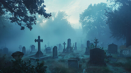 A tranquil scene of a cemetery shrouded in mist during early morning hours, with gravestones emerging from the fog, creating ethereal and contemplative ambiance.