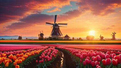shows a field of tulips in the Netherlands