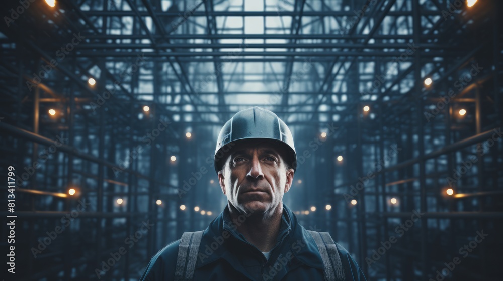 Poster generative ai construction site with a builder overseeing scaffolding assembly, safety-conscious, pr