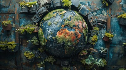 A globe with a green and brown surface is surrounded by plants