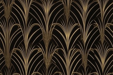 Art Deco era, featuring sweeping curves and elaborate patterns in shimmering gold against a dark background seamless pattern