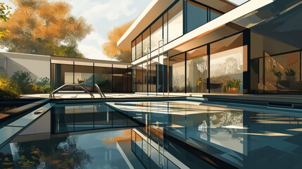 Fototapeta premium Generative AI Courtyard with an L-shaped pool, modern architecture, glass walls, reflection of house, detailed and scenic illustration --ar 16:9 --v 6 Job ID: 629de833-01ed-4882-93a5-494bbc5869ed