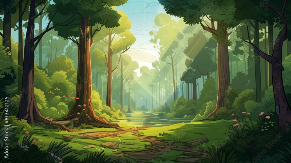 Poster Generative AI A lush, green forest with towering trees and sunlight filtering through.