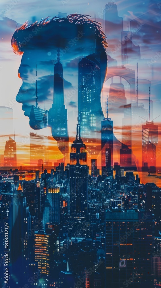 Poster a double exposure showing a mans face superimposed against a cityscape background. the mans features