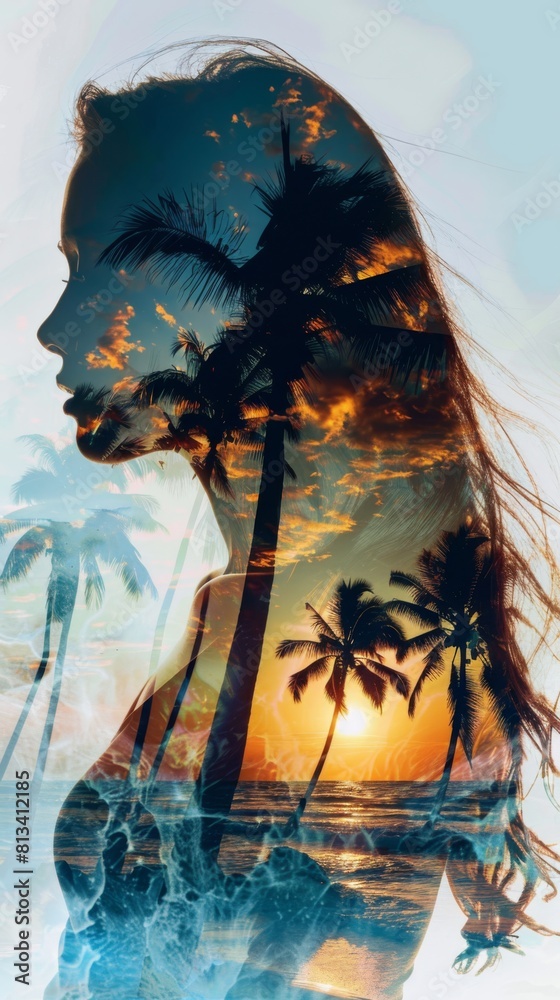 Poster A womans face is captured in the foreground, with tall palm trees standing in the background. The womans expression is neutral as she gazes ahead, while the palm trees create a tropical backdrop.