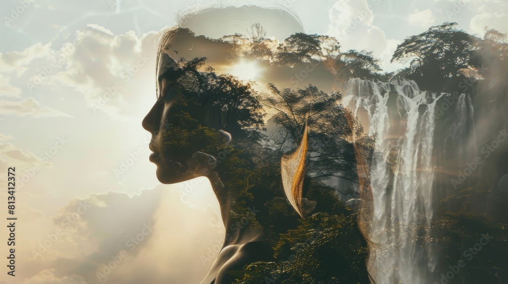 Poster a double exposure showcasing a womans face superimposed in front of a powerful waterfall. the waterf