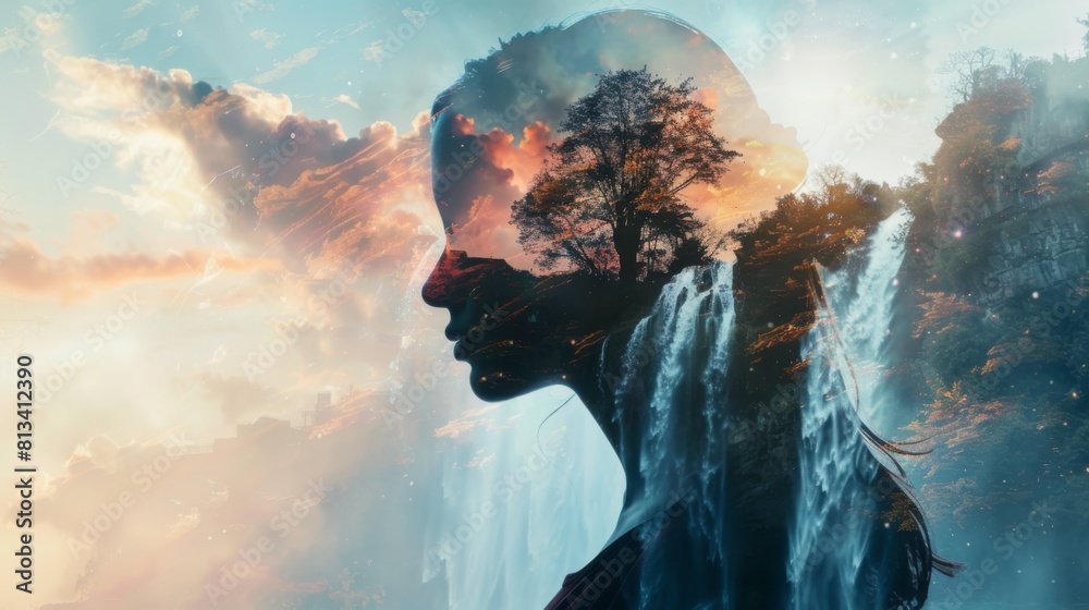 Poster a mans face is in the foreground, with a majestic waterfall flowing in the background. the mans expr