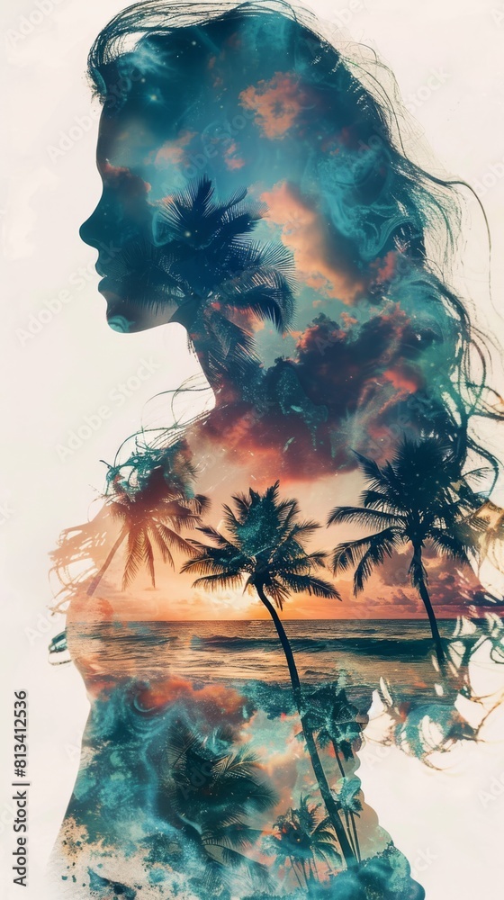 Poster a side view of a womans face in front of a backdrop of palm trees. the woman is the main focus of th