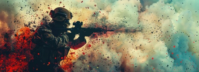 A soldier stands firm, holding a gun in his hand, positioned in front of a billowing cloud of smoke. The scene conveys a sense of tension and action.