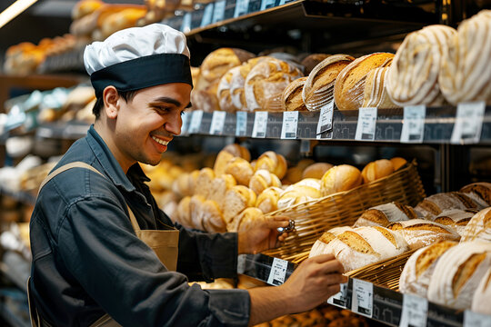 Images of types of bread sold in a bakery in France, human, bread, food, cuisine, culture, French bread, food store, travel, fast food, AI-generated.